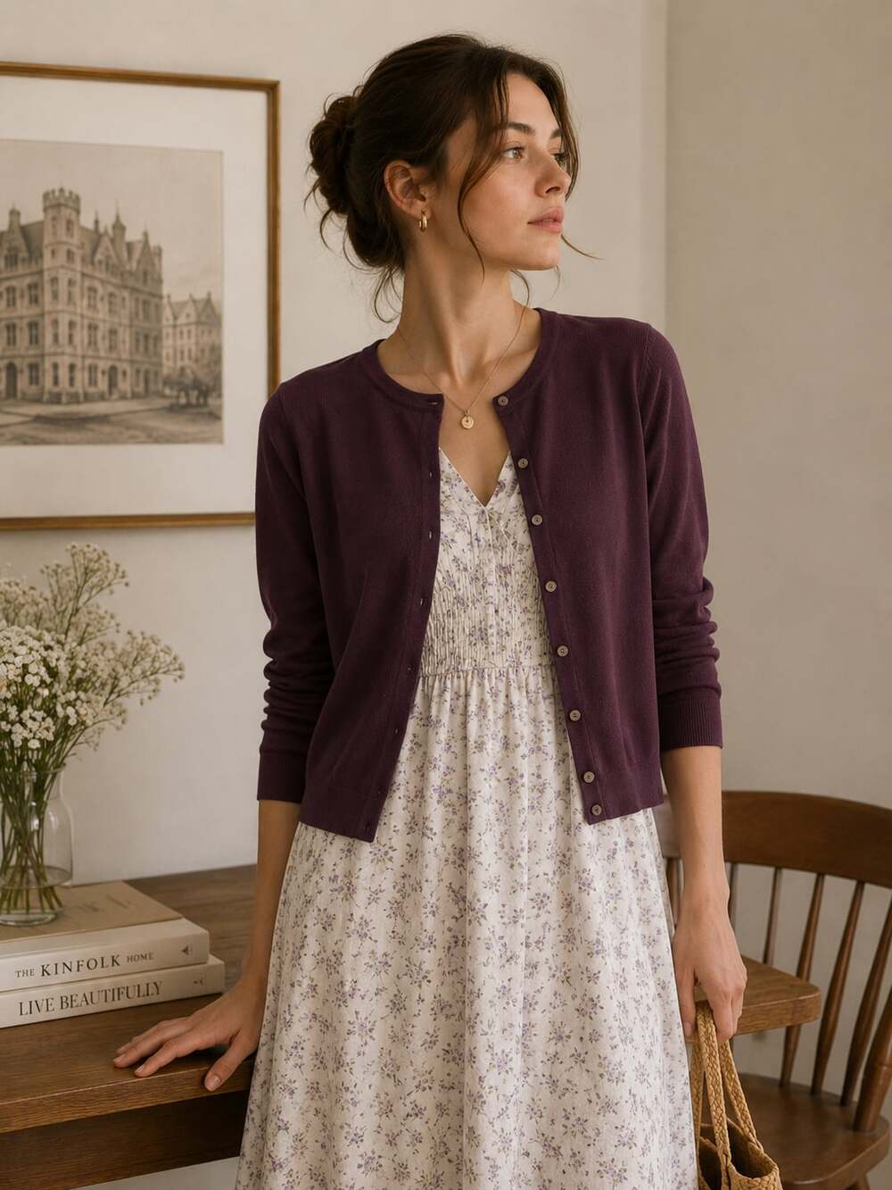 Barneys New York Silk Blend Cardigan Plum Purple Button Front Sweater Large